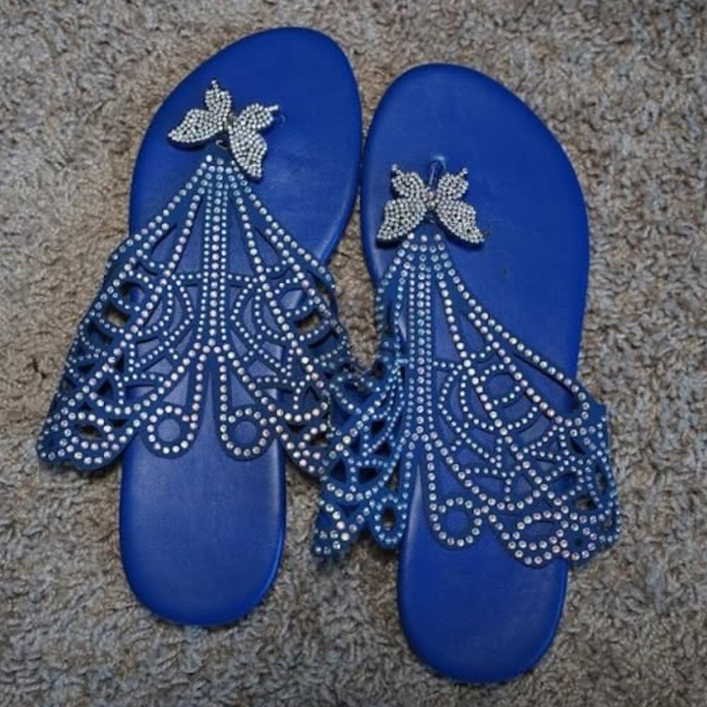 Blue Rhinestone Butterfly Thong Sandals Size 8/9